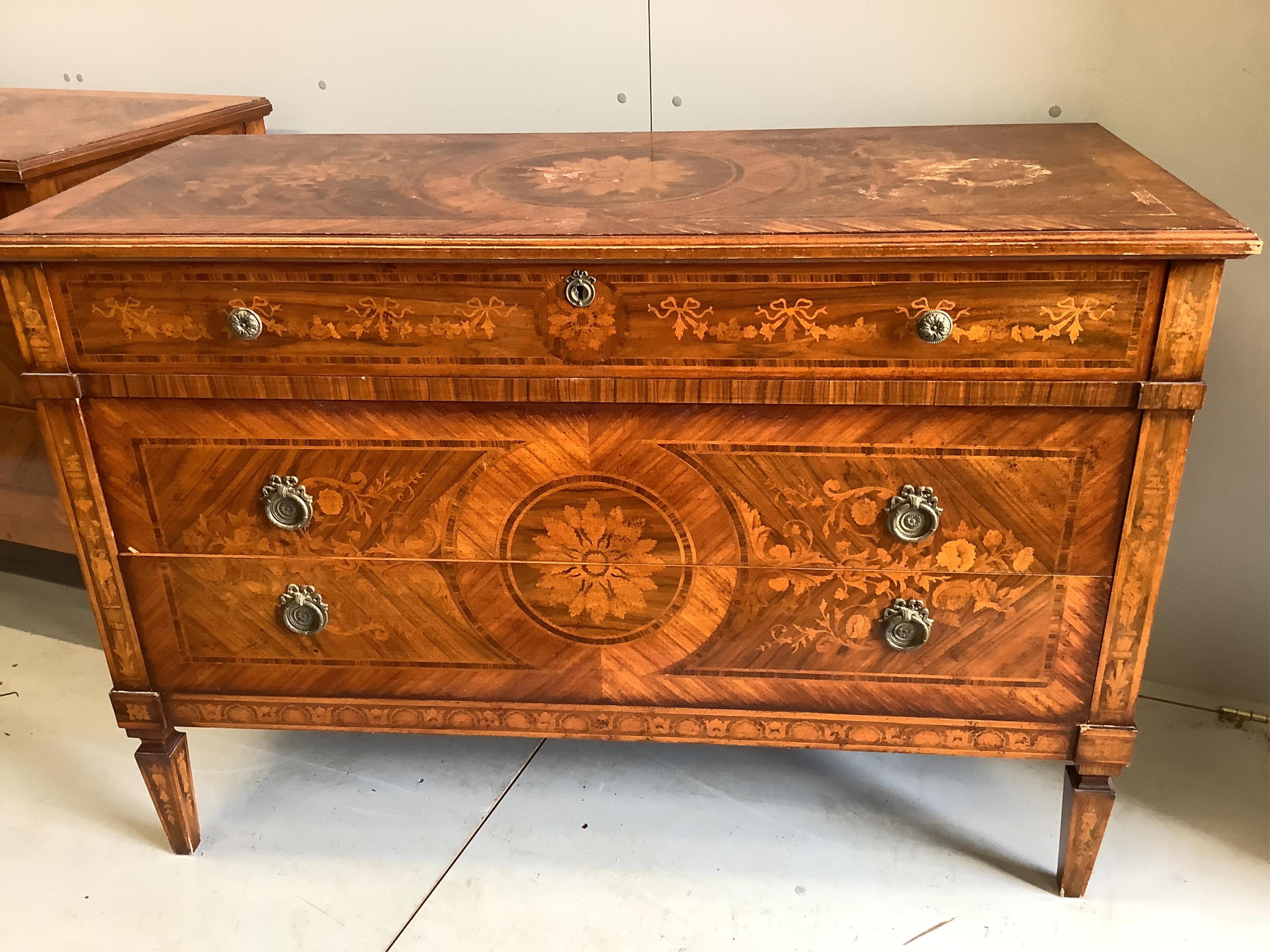 A pair of reproduction Milanese style marquetry inlaid kingwood commodes, width 128cm, depth 54cm, height 88cm. Condition - fair